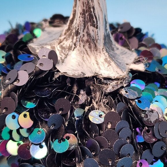 Blue Pumpkins Sequin Iridescent Fabric Gothic Halloween Decor Silver Stems 3 PC - Picture 4 of 10